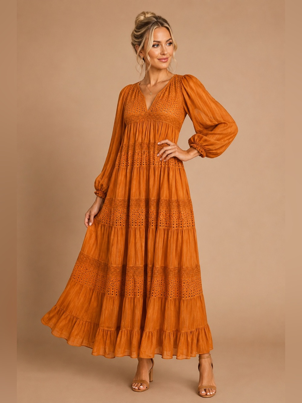Sundance Adore Moi Dress Maxi Mixed-Media Eyelet Orange Honey Boho XS
